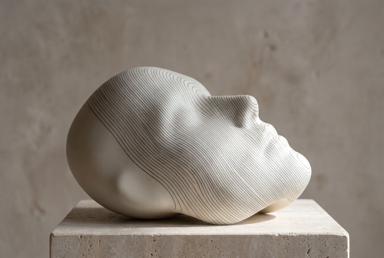 Forma escultórica clara mapeada por linhas de contorno finas sobre base de travertino, representando a análise facial em 3D